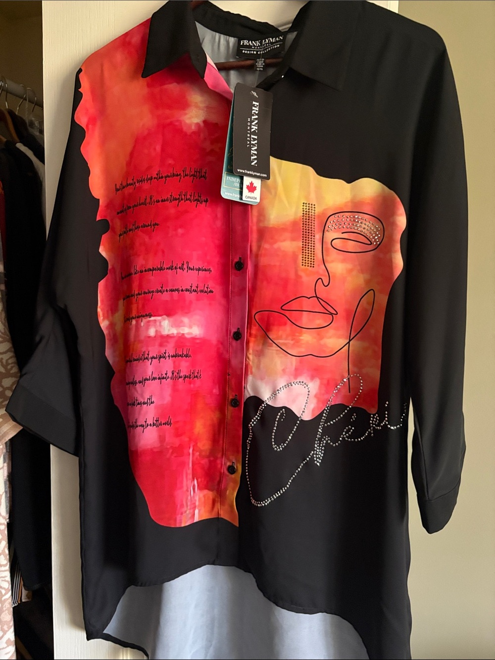 Frank Lyman Design Black Tunic Shirt with Red and Orange Abstract Face Print